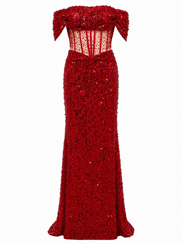 【新品DRESS 2019】総スパンコールシアーコルセットオフショルロングドレス レッド